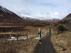 Strigel standing on a road in Scotland